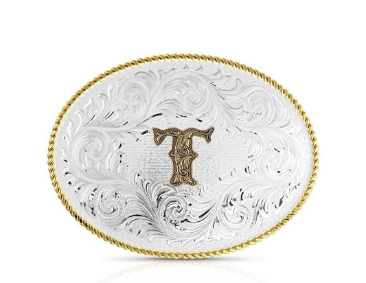 Montana Silversmiths Unisex Classic Western Oval Two-Tone Initial Belt Buckle T - 1255T One Size