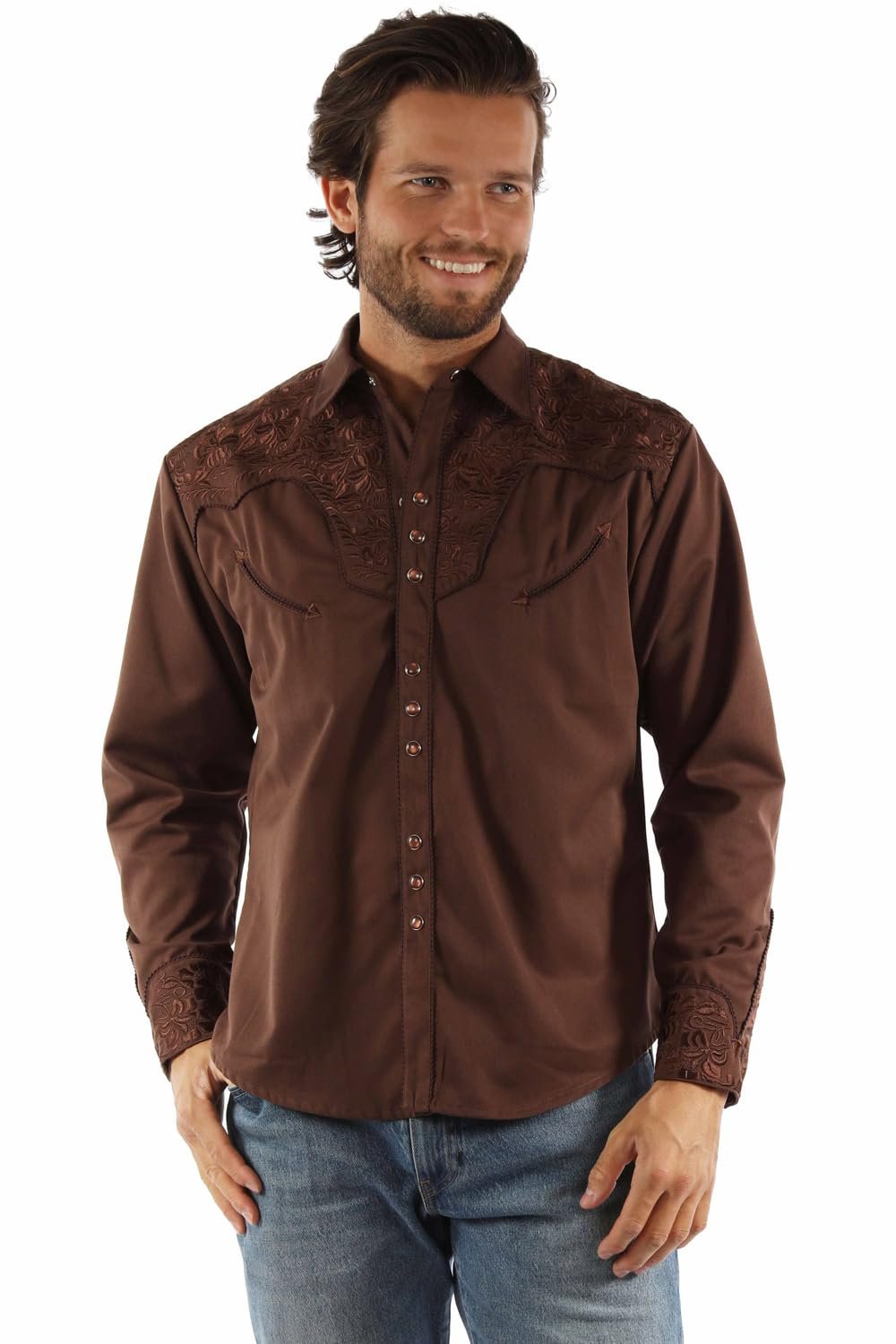 Scully Western Men's Floral Tooled Embroidered Snap Front Shirt - Mocha