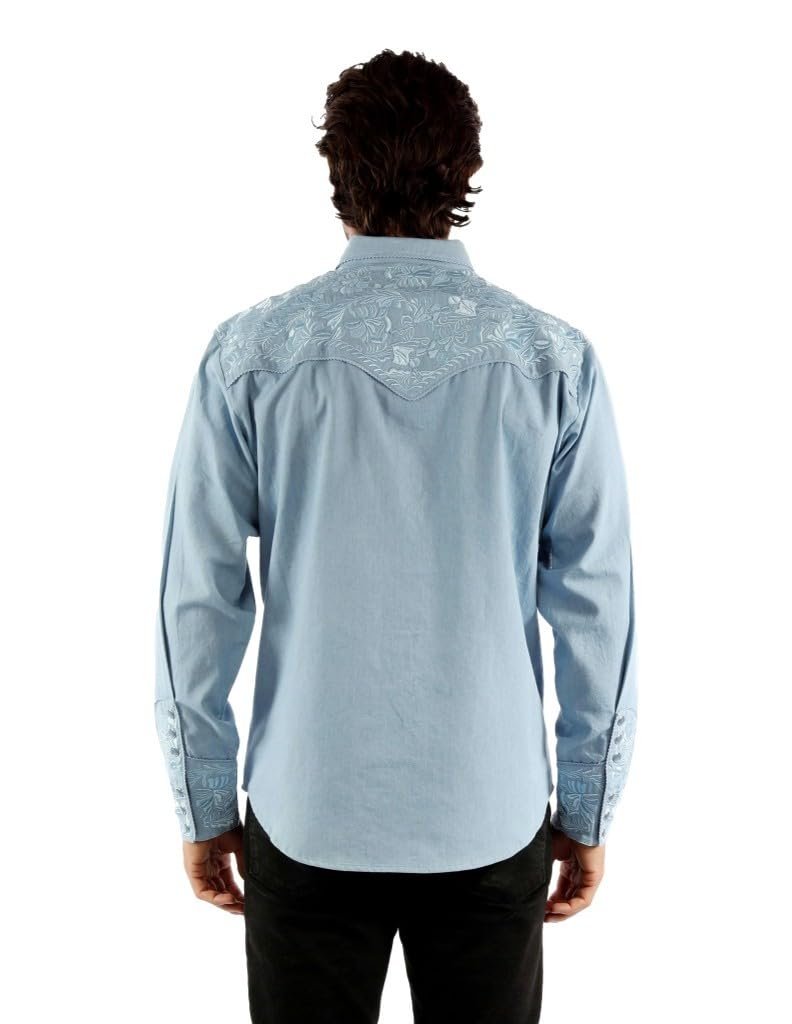 Scully Western Men's Floral Tooled Embroidered Snap Front Shirt - Light Blue