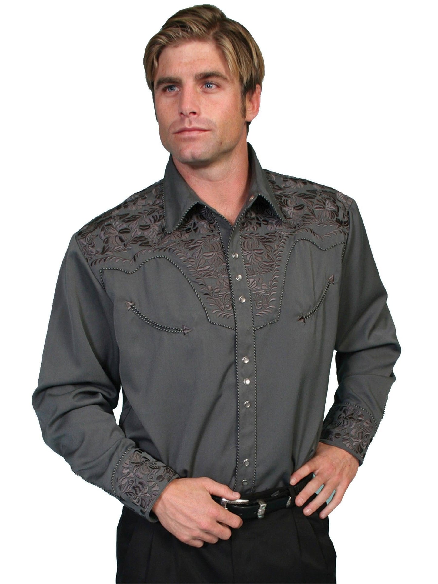 Scully Western Men's Floral Tooled Embroidered Snap Front Shirt - Charcoal