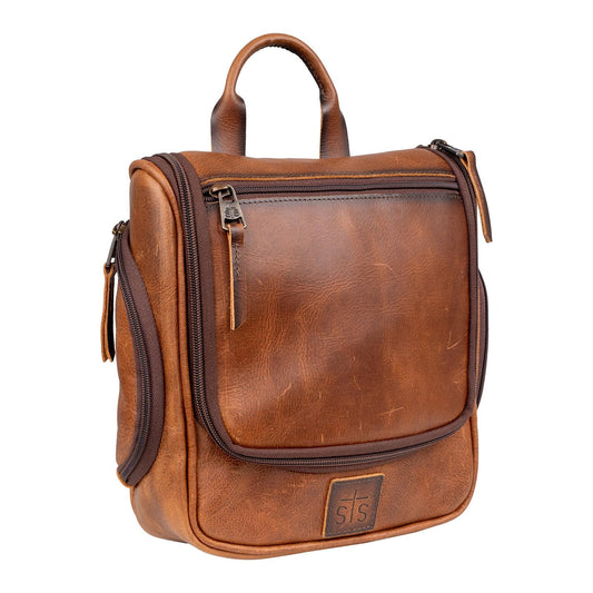 STS Ranchwear Men's Tucson Hanging Shave STS30310 Multi-Pocket Leather Travel Toiletry Dopp Kit Organizer Bag, Rich Tan, 10.5" W x 10" H