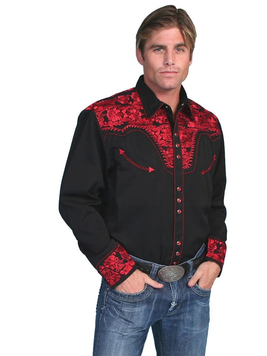 Scully Western Men's Floral Tooled Embroidered Snap Front Shirt - Crimson