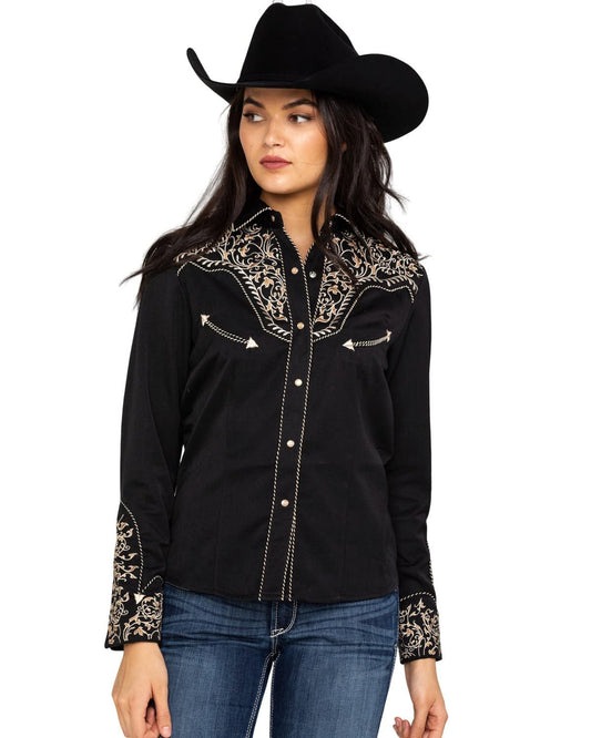 Scully Women's Scroll Embroidered Long Sleeve Pearl Snap Western Shirt - Black
