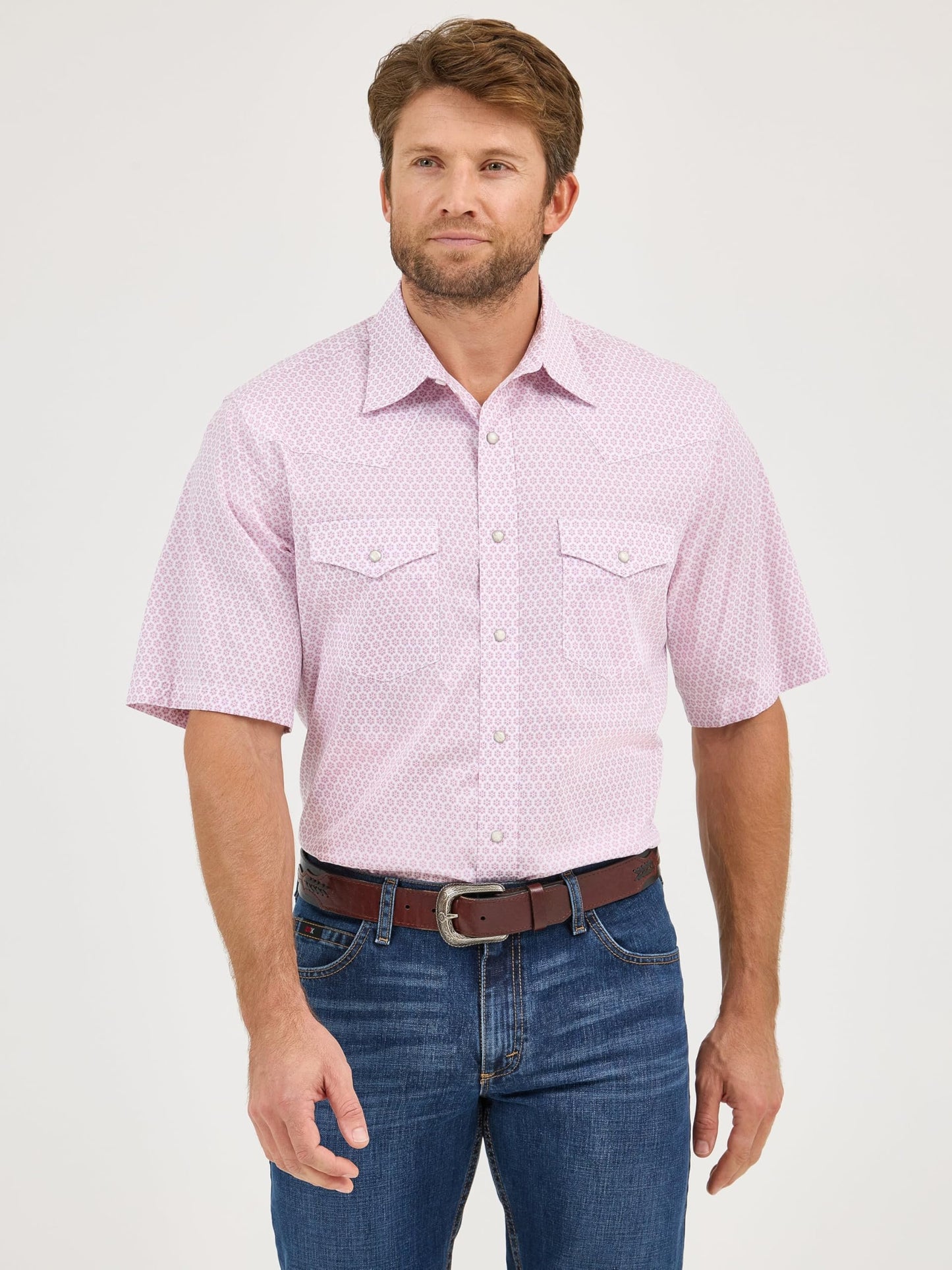 Wrangler Pink Sangria Burst Men's 20X Competition Short Sleeve Western Snap Shirt 112365374