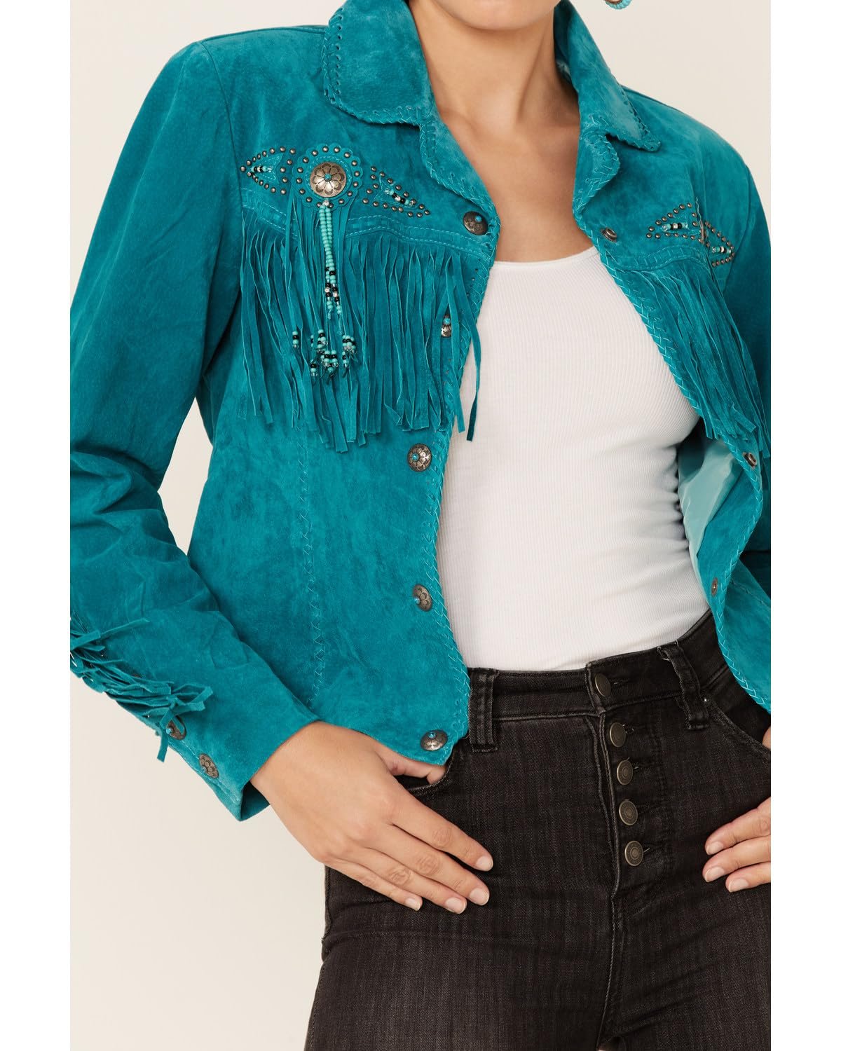Scully Women's Fringe and Beaded Suede Leather Jacket - Turquoise