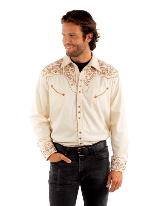 Scully Men's Embroidered Scroll Long Sleeve Snap Western Shirt - Cream