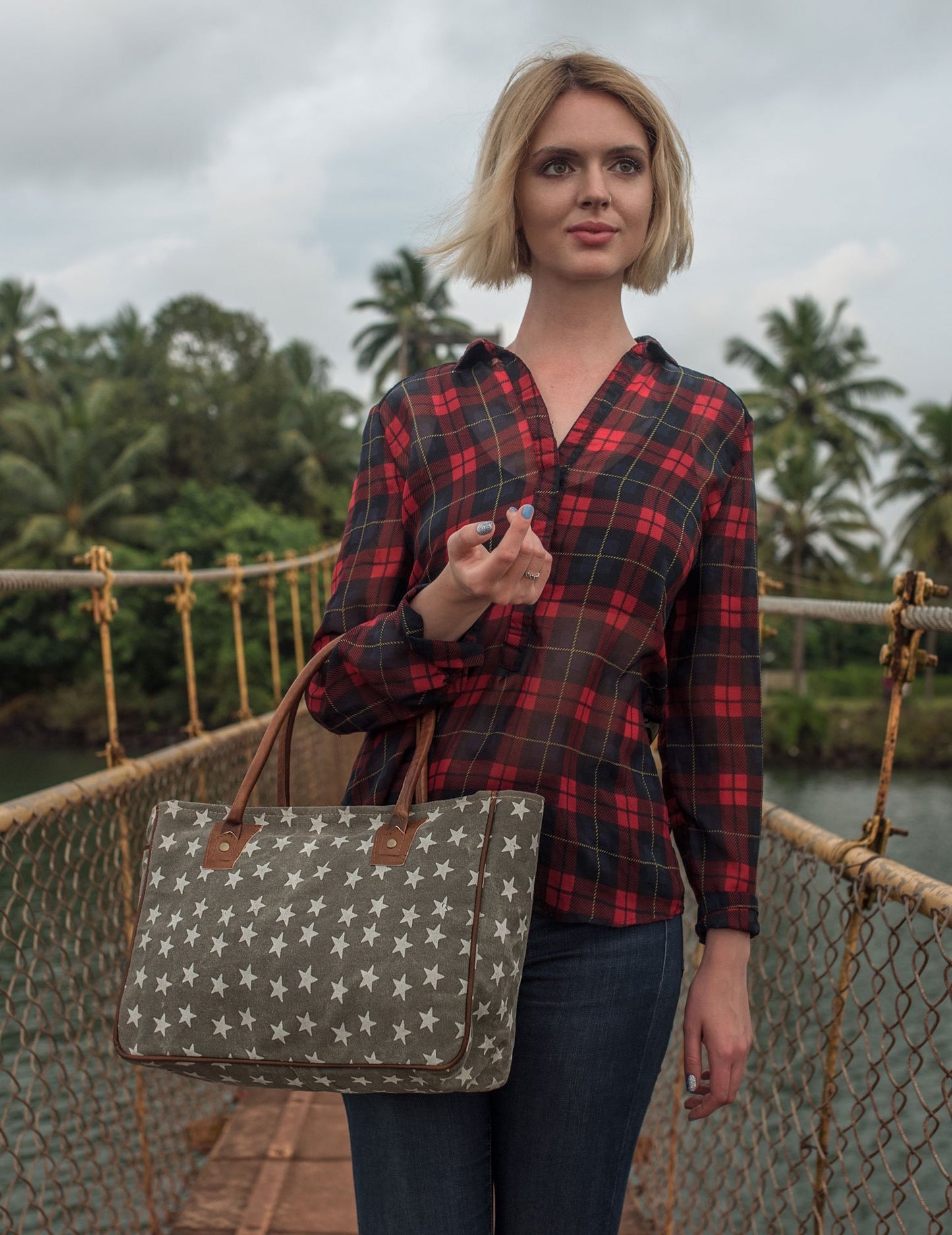 Myra Bag Women's Freedom Of Stars Grey Tote Bag Double Handle Canvas New