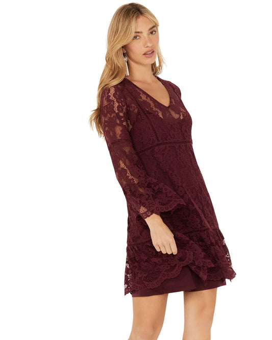 Scully Women's Lace Crochet Long Sleeve Mini Dress - Merlot