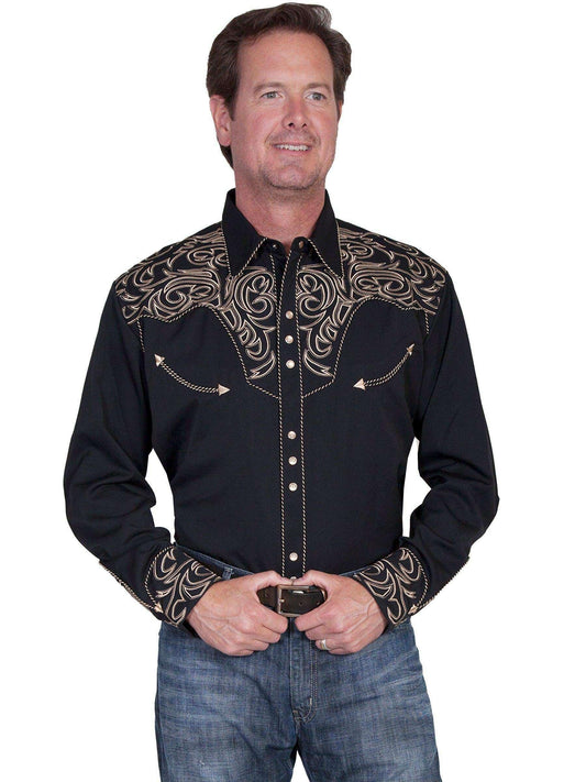 Scully Men's Embroidered Scroll Long Sleeve Snap Western Shirt - Black
