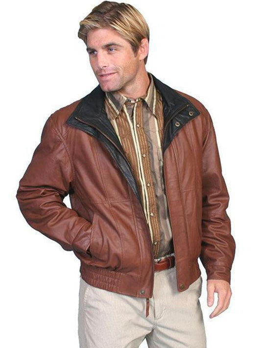 Scully Men's Leather Double Collar Featherlite Jacket - Brown