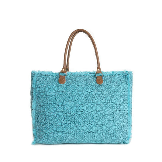 Myra Bag Women's Weekender Bag XL Canvas Tote Mandala Print Leather Handle New