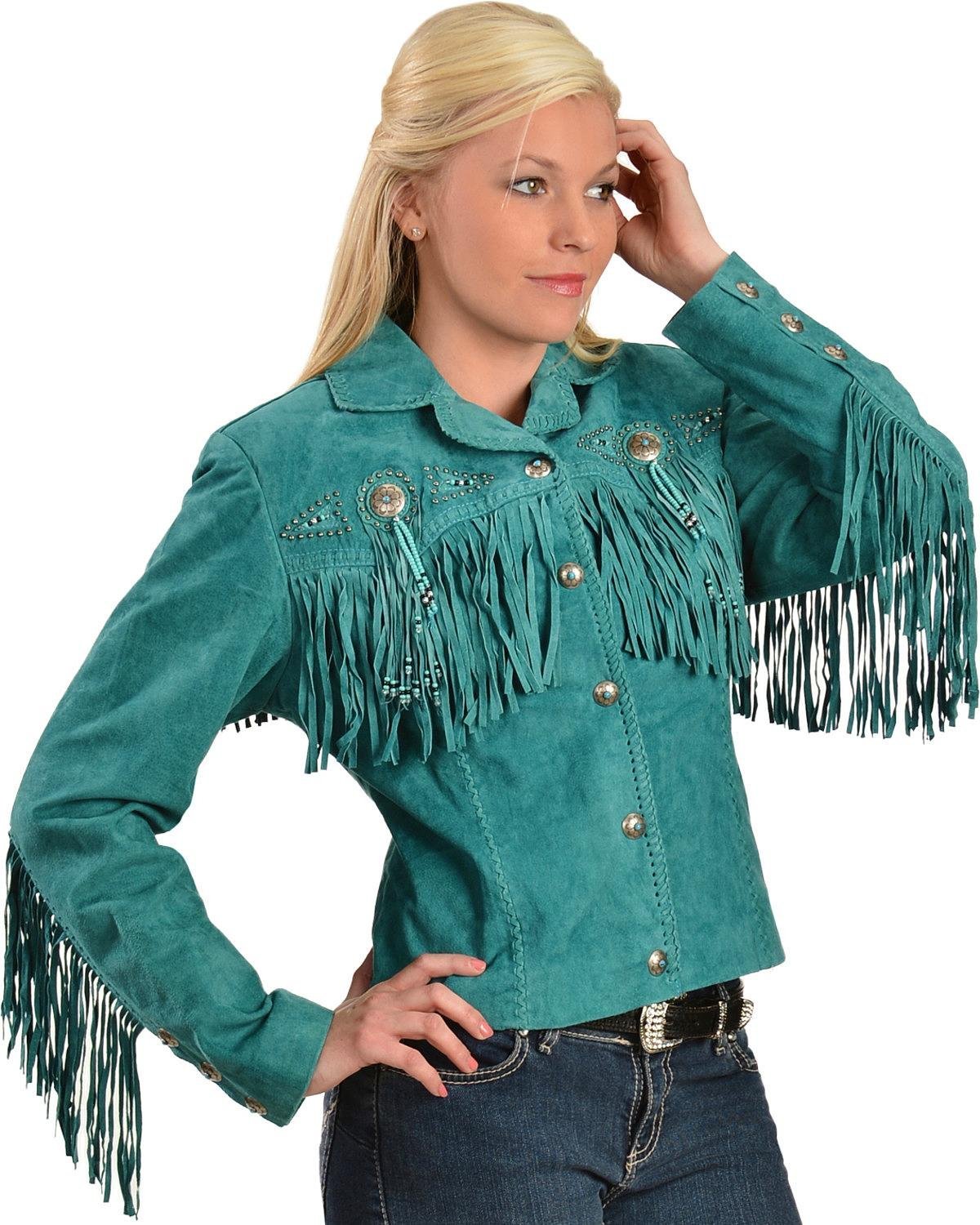 Scully Women's Fringe and Beaded Suede Leather Jacket - Turquoise