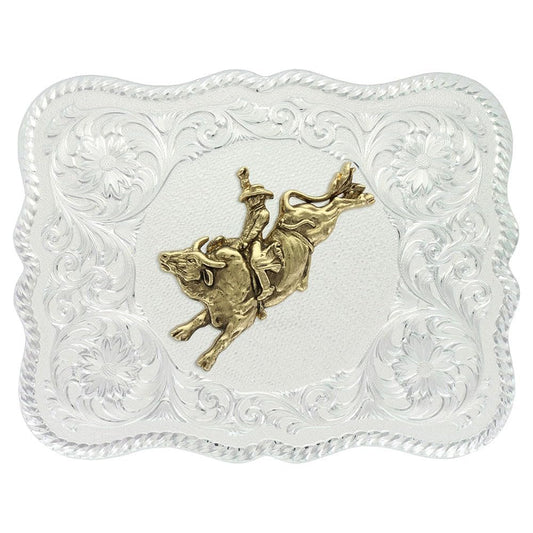 Montana Silversmiths Scalloped Silver With Bull Rider Belt Buckle