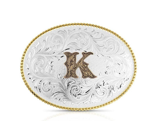 Montana Silversmiths Unisex Classic Western Oval Two-Tone Initial Belt Buckle K Silver One Size