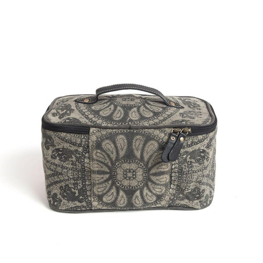 Myra Bag Women's Makeup Bag Upcycled Western Canvas Leather Cosmetic Gray New