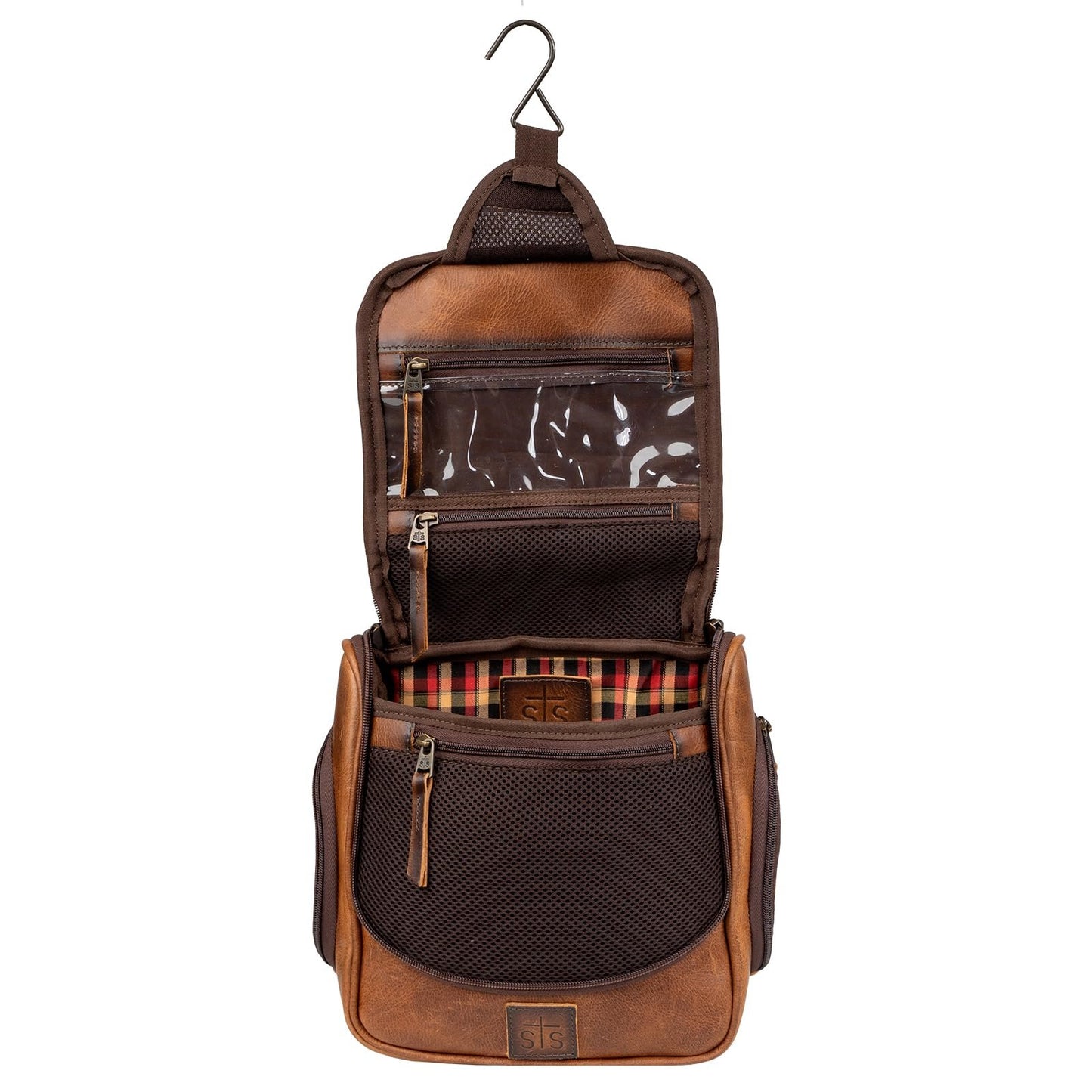 STS Ranchwear Men's Tucson Hanging Shave STS30310 Multi-Pocket Leather Travel Toiletry Dopp Kit Organizer Bag, Rich Tan, 10.5" W x 10" H