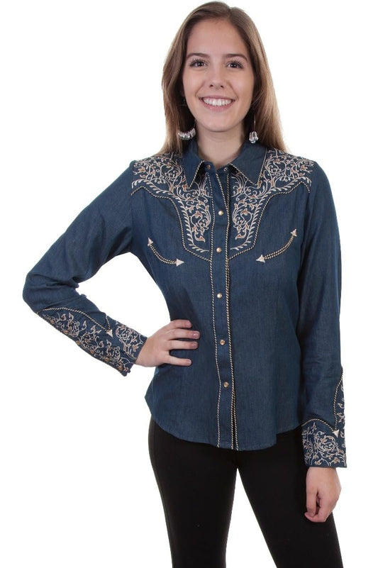 Scully Women's Scroll Embroidered Long Sleeve Pearl Snap Western Shirt - Denim