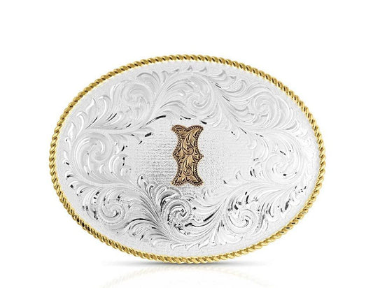 Montana Silversmiths Unisex Classic Western Oval Two-Tone Initial Belt Buckle I Silver One Size