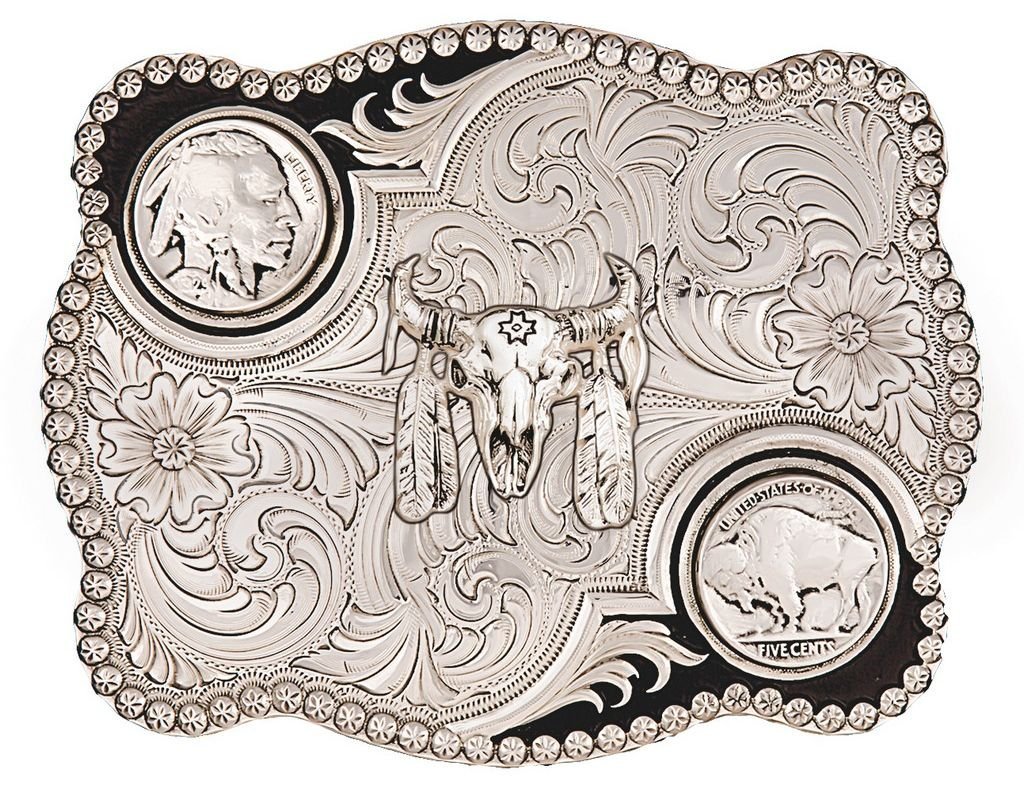 Montana Silversmiths Men's Antiqued Buffalo Nickel And Skull Buckle Silver One Size
