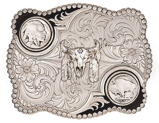 Montana Silversmiths Men's Antiqued Buffalo Nickel And Skull Buckle Silver One Size