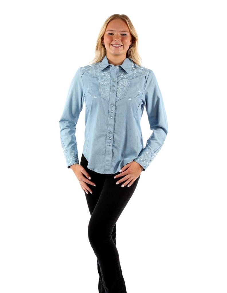 Scully Western Shirt Women's Floral Tooled Embroidered Blouse - Light Blue