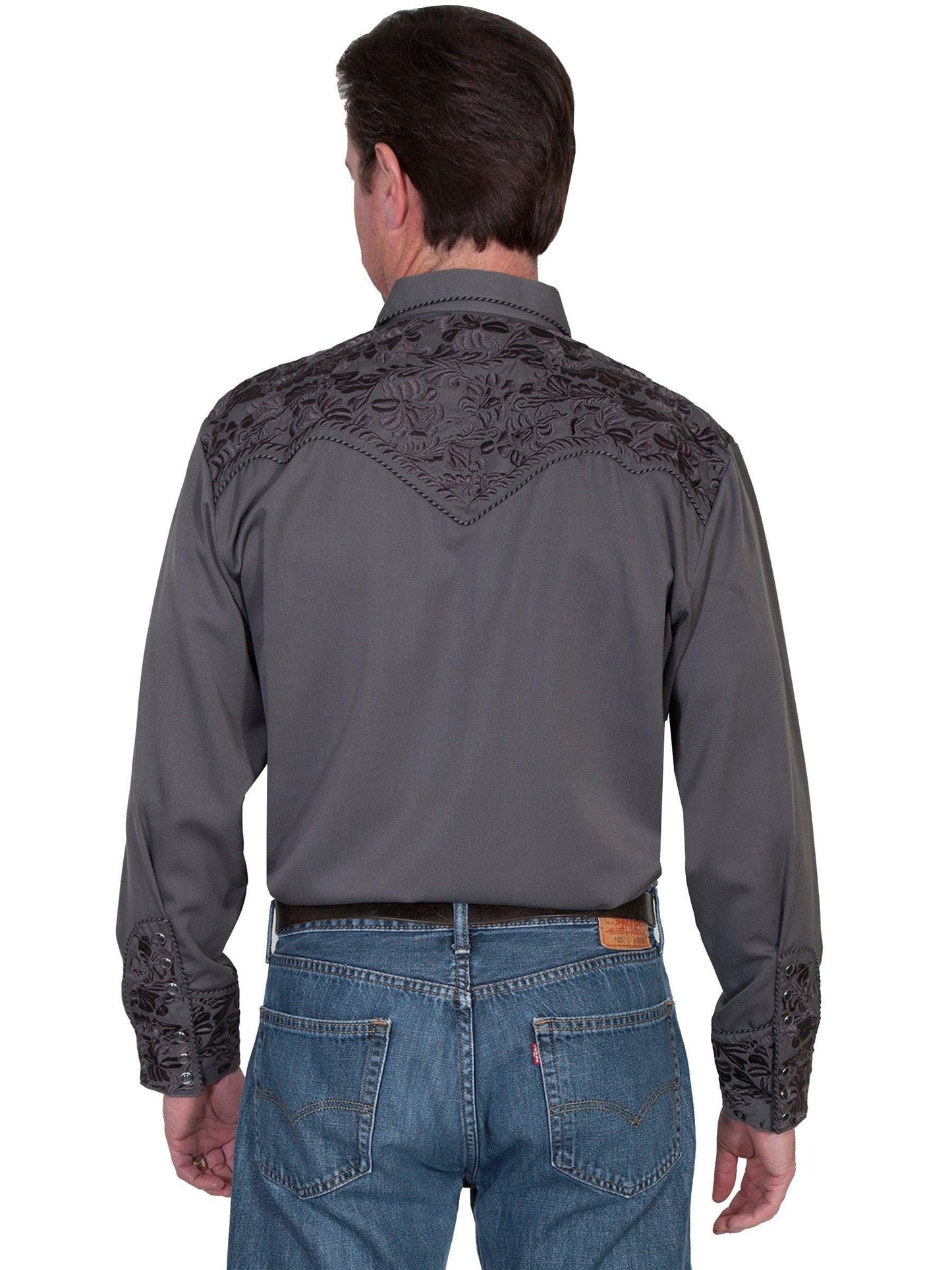 Scully Western Men's Floral Tooled Embroidered Snap Front Shirt - Charcoal