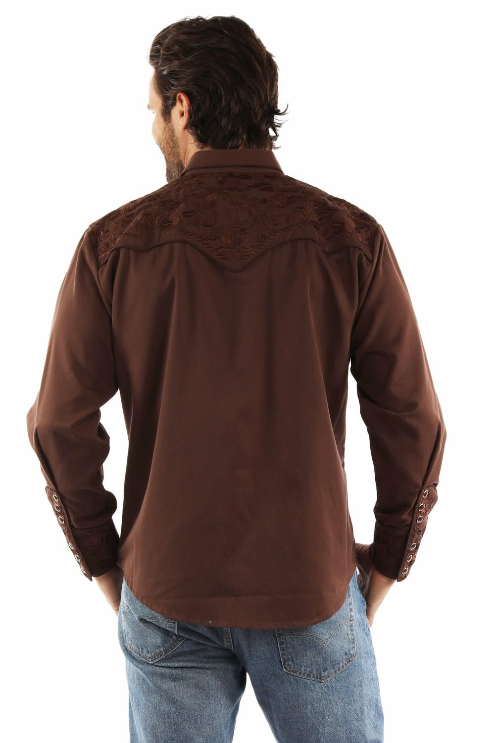 Scully Western Men's Floral Tooled Embroidered Snap Front Shirt - Mocha