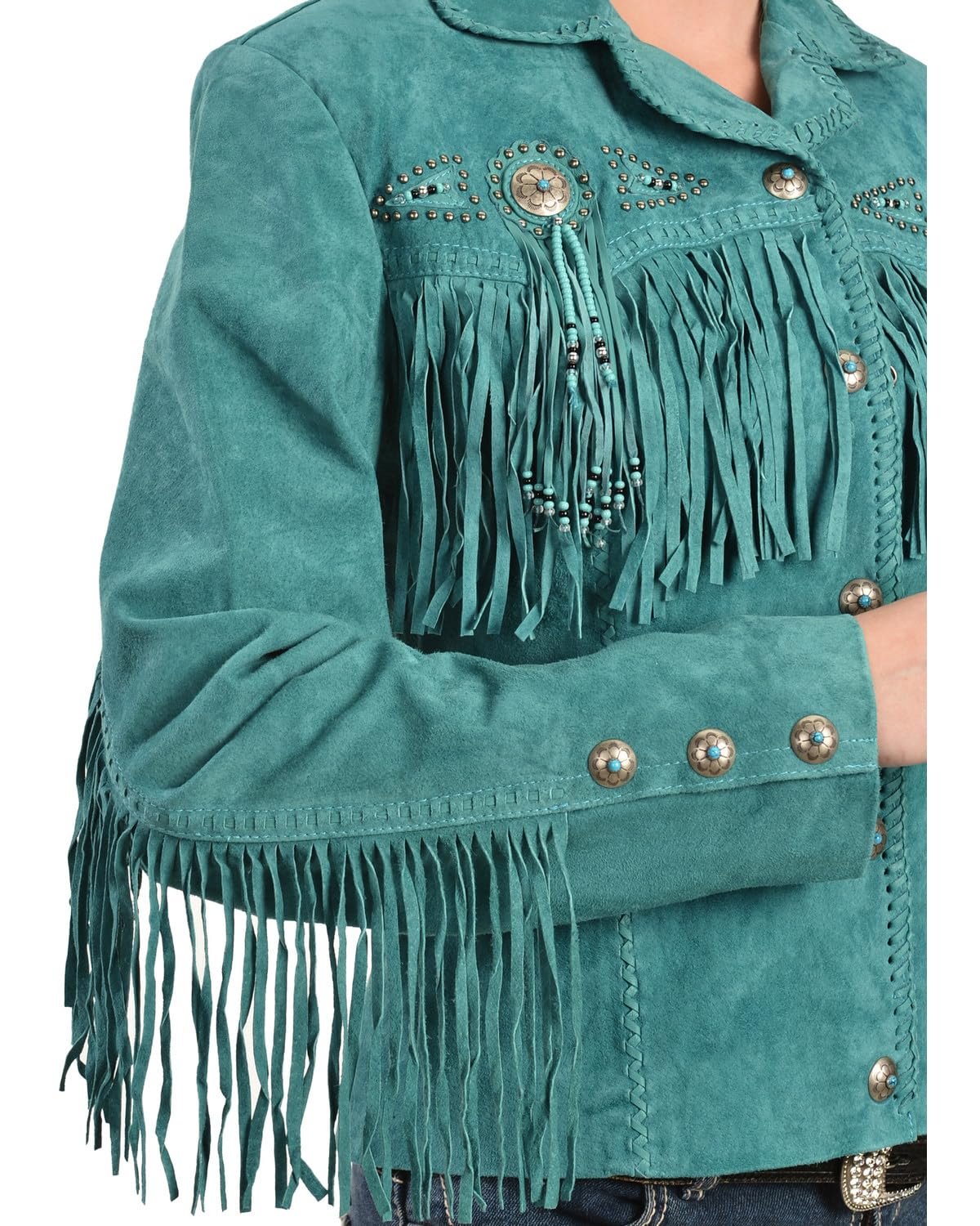 Scully Women's Fringe and Beaded Suede Leather Jacket - Turquoise
