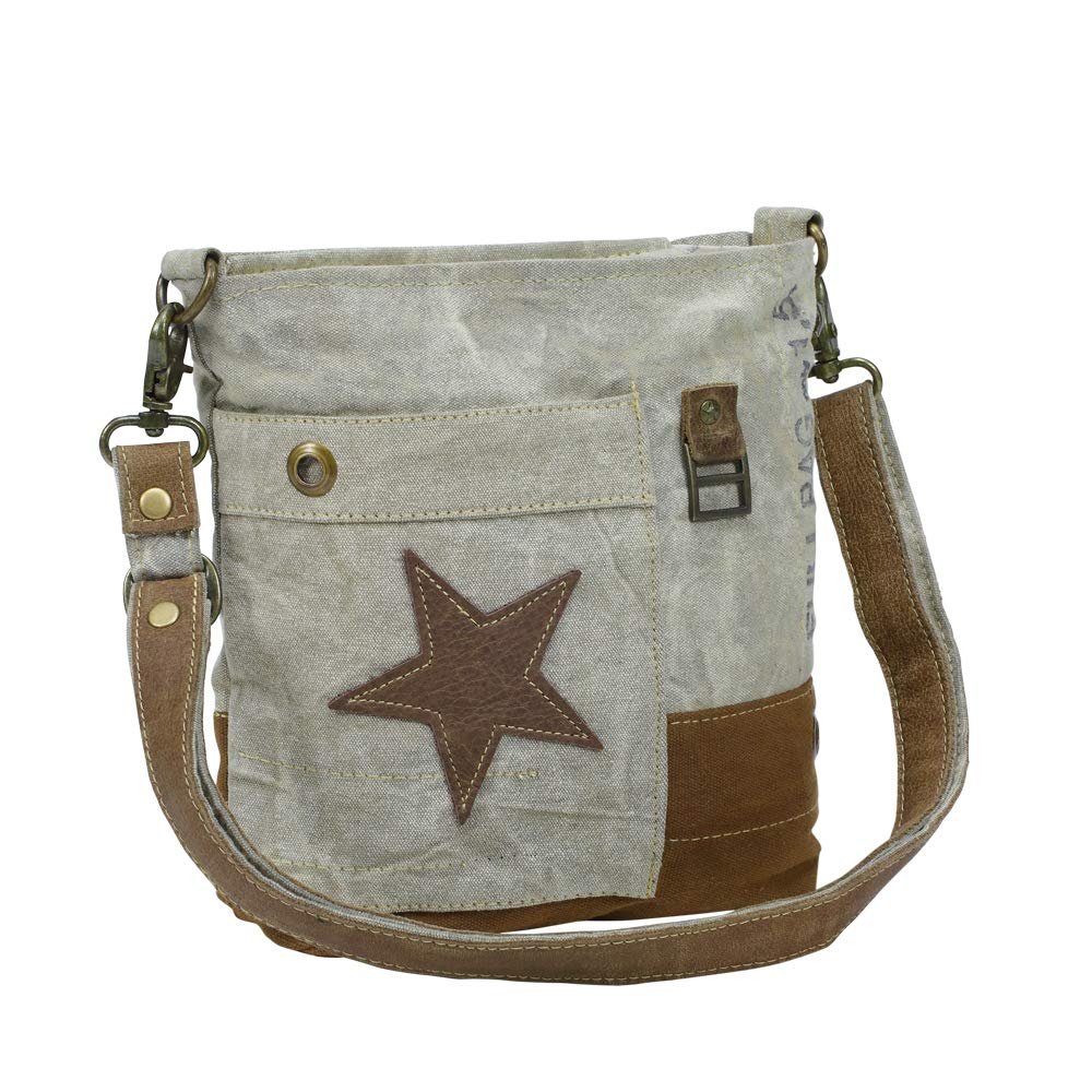 Myra Bag Leather Star Upcycled Canvas Medium Corssbody Bag M-0898