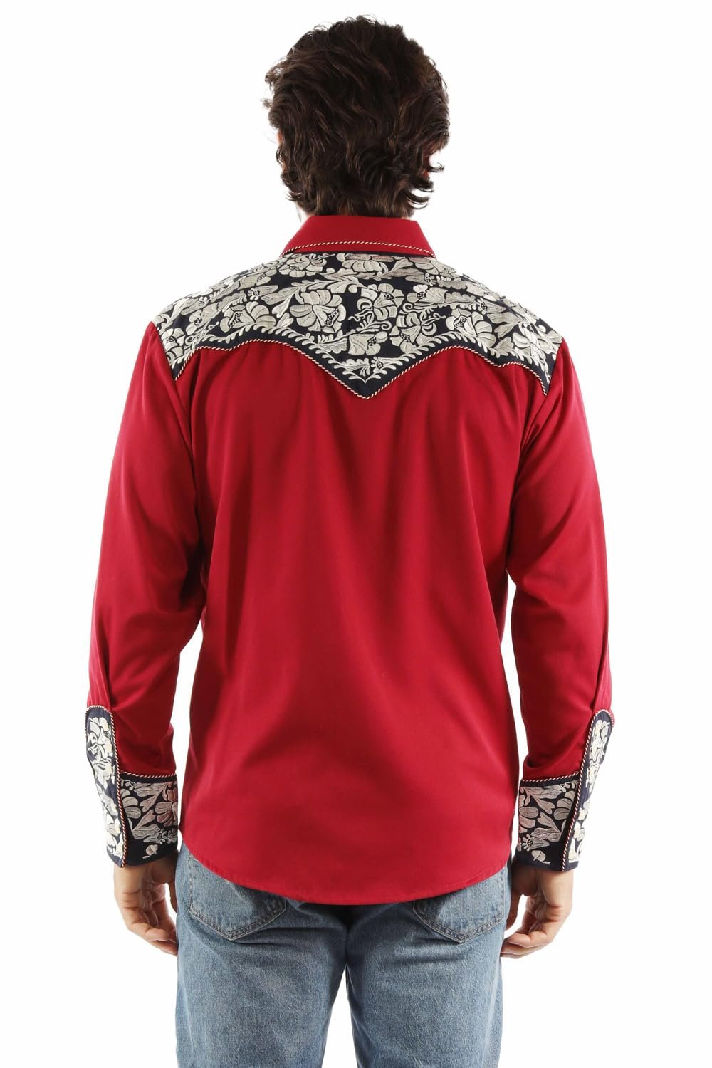 Scully Western Men's Floral Tooled Embroidered Snap Front Shirt - Red/White/Blue
