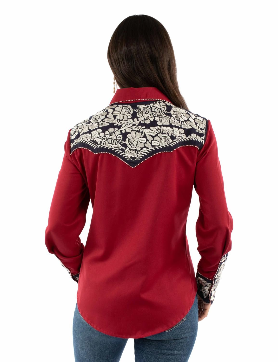 Scully Western Shirt Women's Floral Tooled Embroidered Blouse - Red/White/Blue
