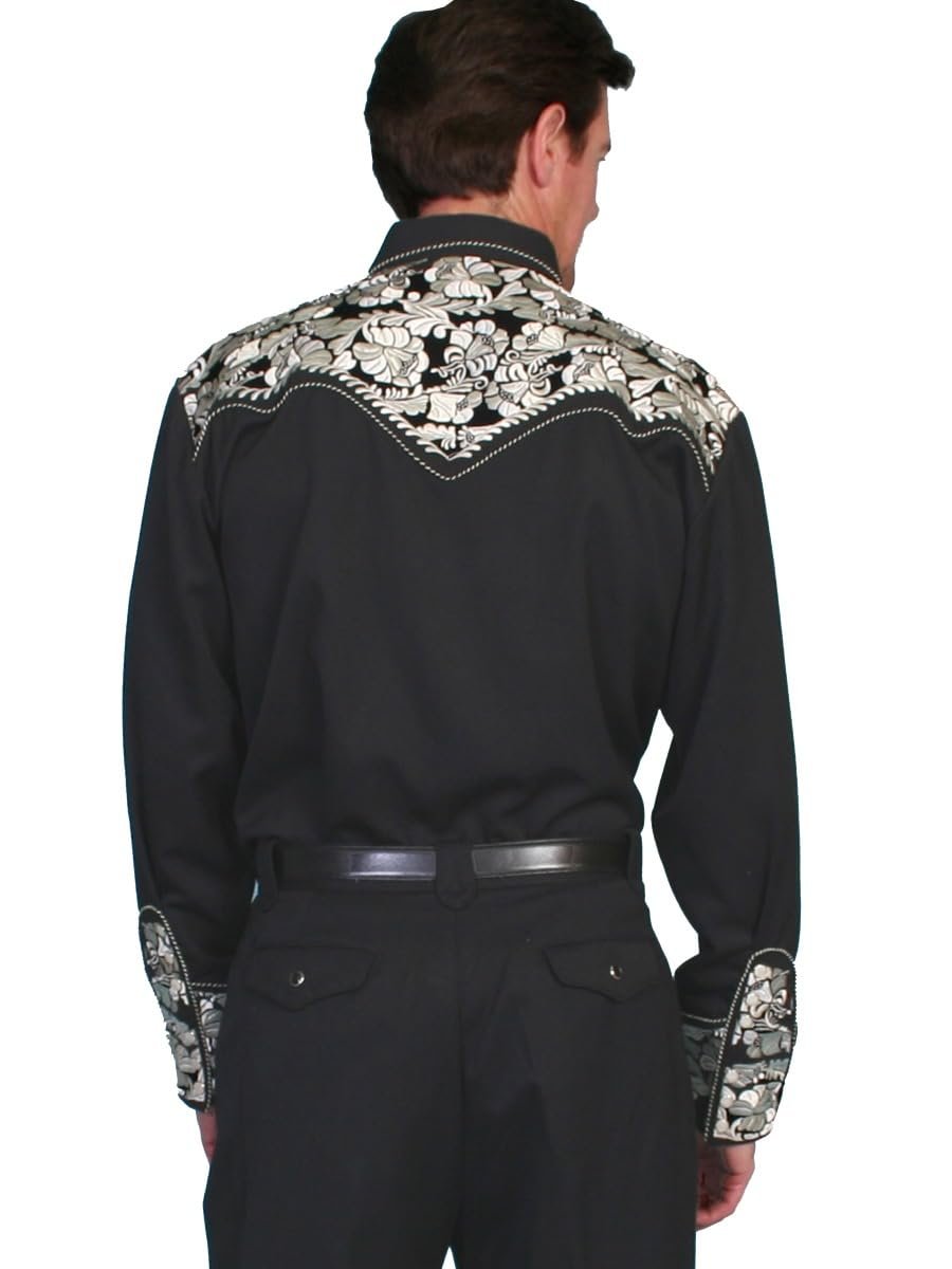 Scully Western Men's Floral Tooled Embroidered Snap Front Shirt - Silver